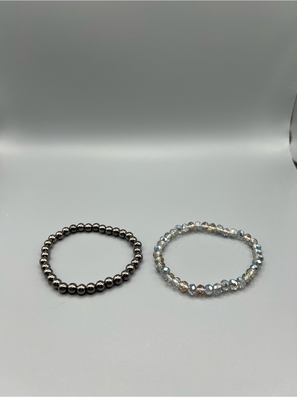 Silver Hematite & Iridescent Crystal Stretch Bracelet Set - Handmade #B0218T